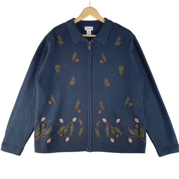 Classic Editions Sweaters - classic elements vtg zip cardigan sweater XL navy blue acorns leaves grannycore